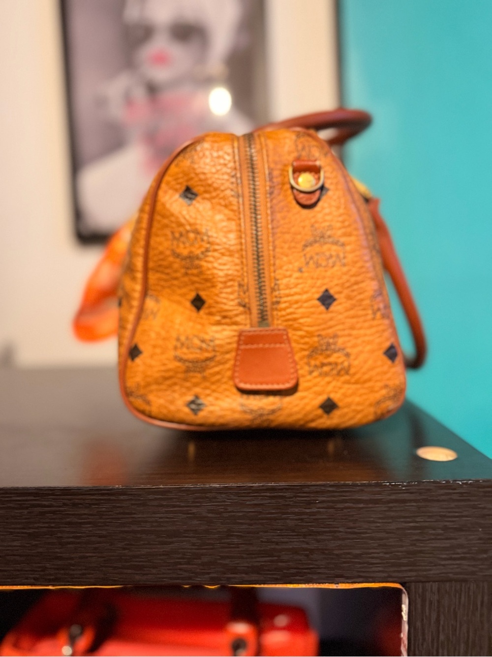MCM Cognac Logo Visetos Satchel with Brass Hardware - Picture 2 of 13